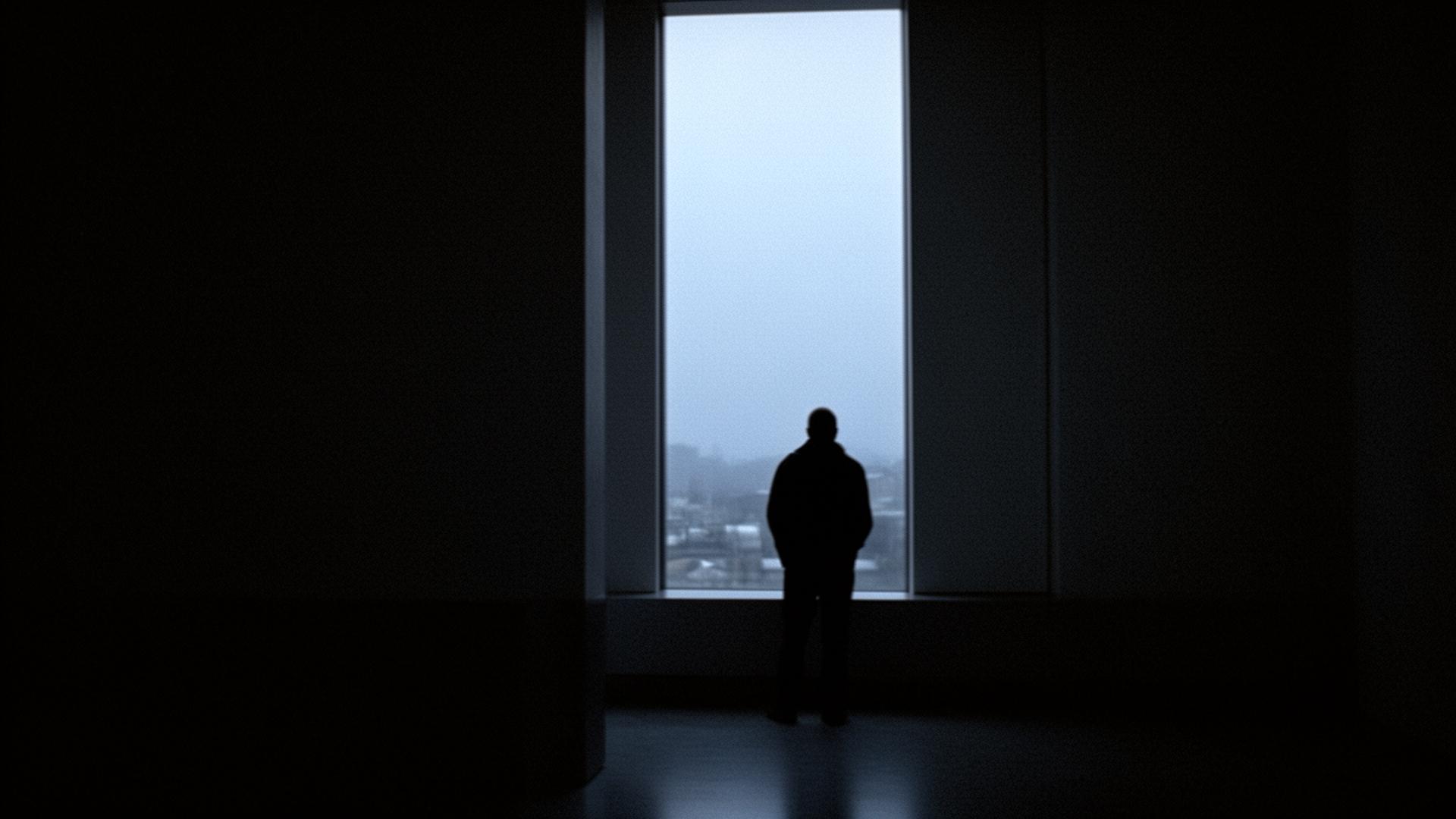 A lone figure facing a tall window at dusk — editorial cover photograph.